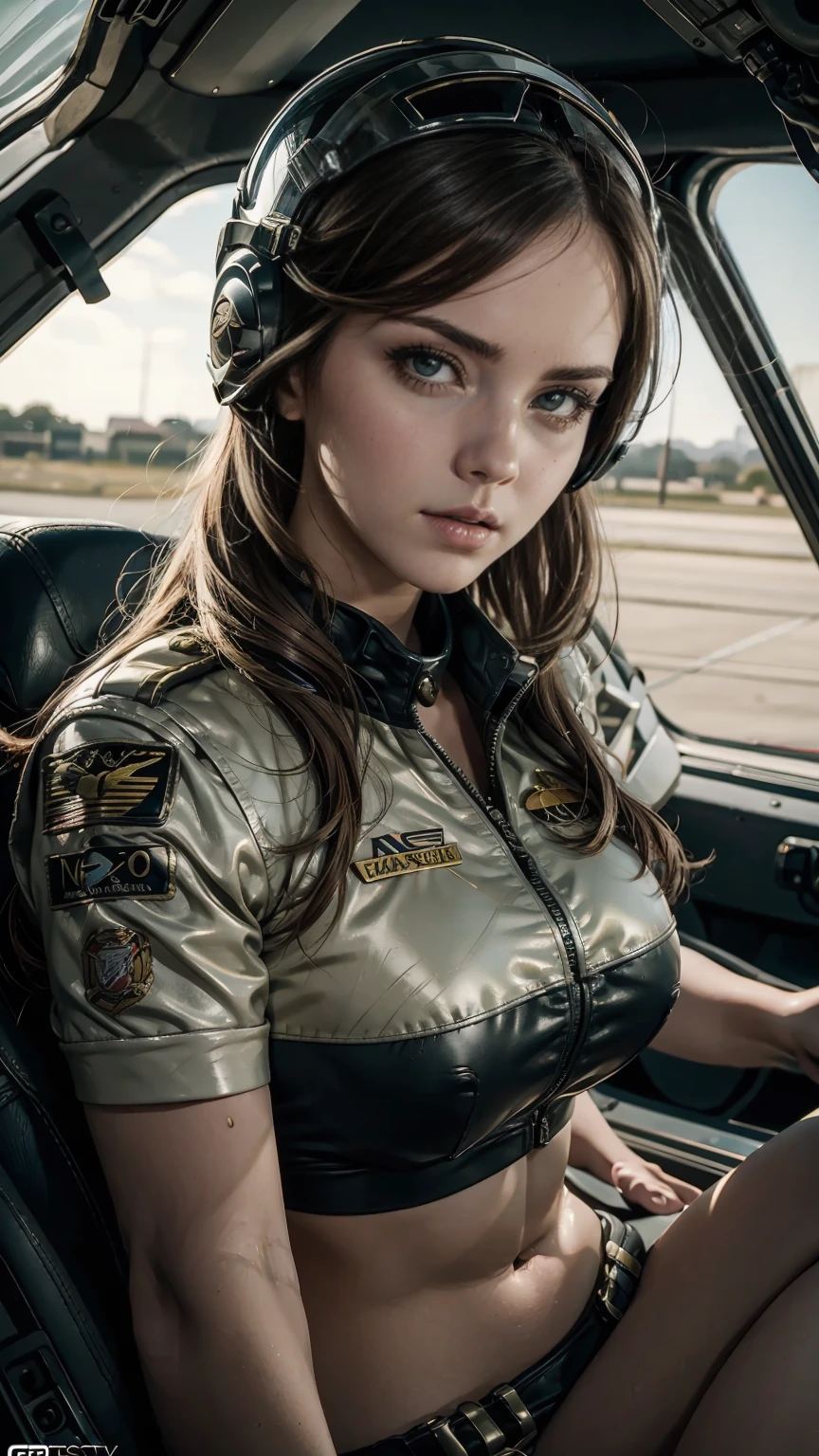 Close-up of a woman wearing a helmet and a helmet, 2 0 2 1 Cinematic 4K Frame Grab, barbarella, anna katarina block, fighter pilot in cockpit, grumpy : : wes anderson, retro pictures, fierce gorgeous woman, the 60&#39;s, high speed, Awarded at cgsociety, pompadour, nascar, 2015 shooting