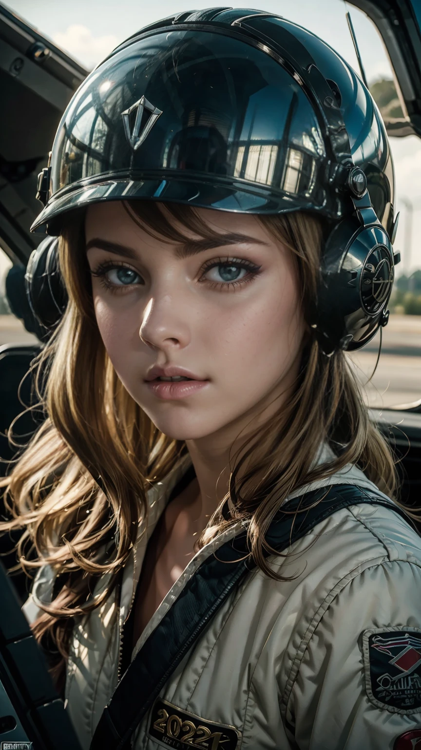 Close-up of a woman wearing a helmet and a helmet, 2 0 2 1 Cinematic 4K Frame Grab, barbarella, anna katarina block, fighter pilot in cockpit, grumpy : : wes anderson, retro pictures, fierce gorgeous woman, the 60's, high speed, Awarded at cgsociety, pompadour, nascar, 2015 shooting