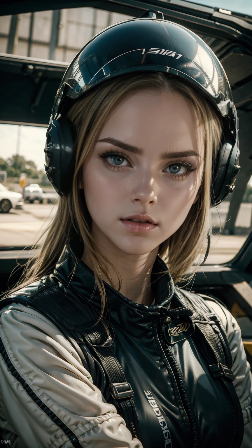 Close-up of a woman wearing a helmet and a helmet, 2 0 2 1 Cinematic 4K Frame Grab, barbarella, anna katarina block, fighter pilot in cockpit, grumpy : : wes anderson, retro pictures, fierce gorgeous woman, the 60&#39;s, high speed, Awarded at cgsociety, pompadour, nascar, 2015 shooting