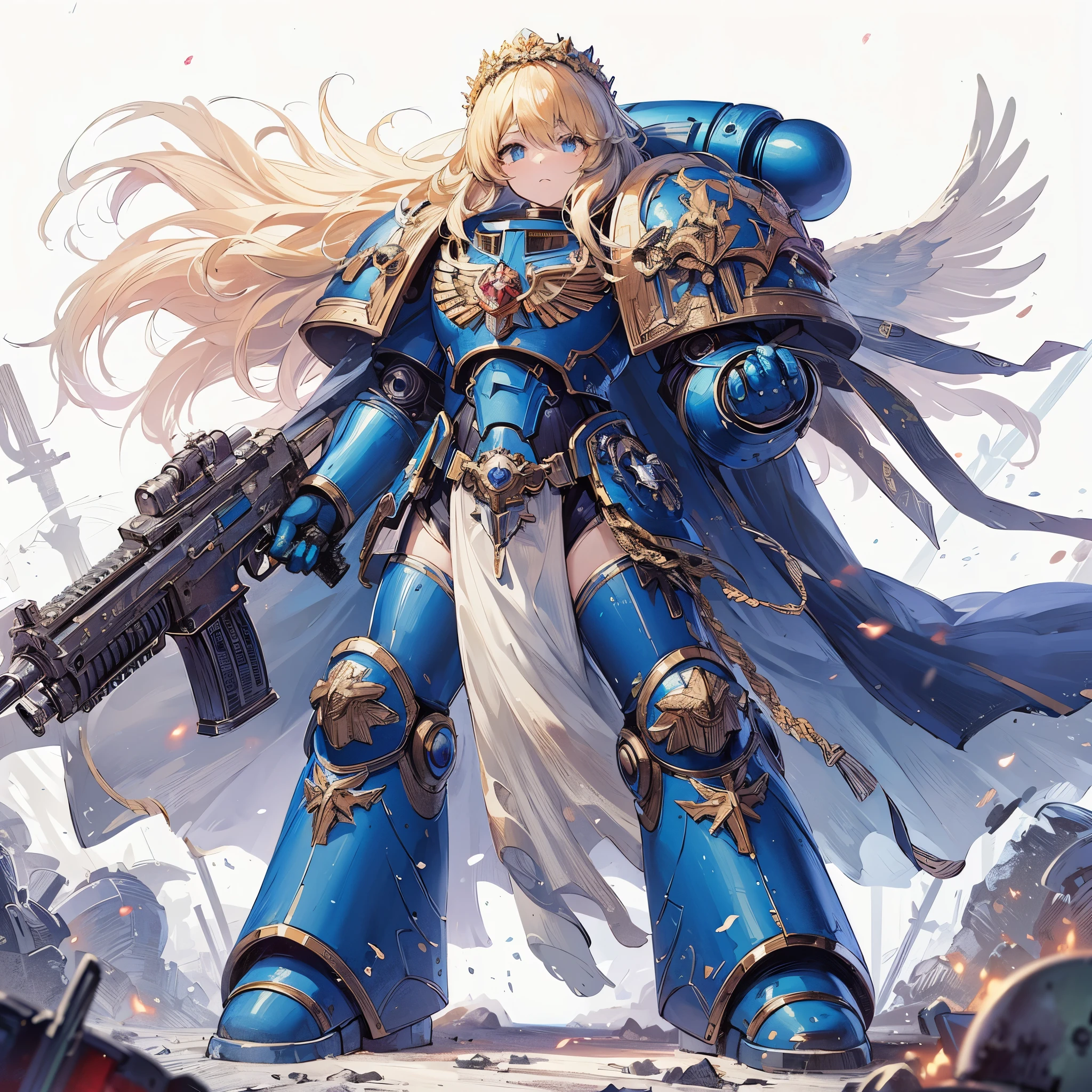 Masterpiece, best quality, ultra-detailed, anime style, solo, full body of space marine girl, ultra Blue power armor, Blonde hair and laurel crown, held gun and sword, standing on battle ground, Warhammer 40K, 8k high resolution, trending art station, white background, whole body,