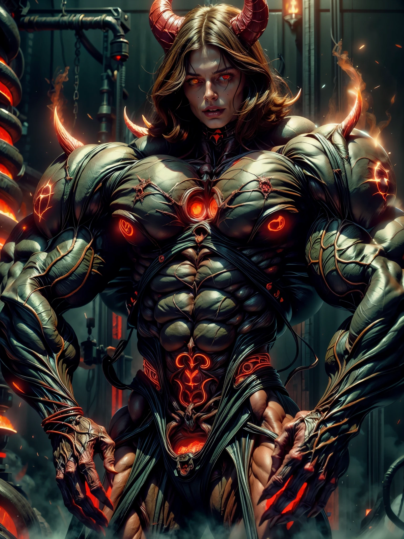 (naked:1.25), Sexy Evil naked demonic Succubus, Muscular skinless anatomy, Demon horns, demonic tech muscular bodysuit, an evil red glow emanating from her, demonic wings, flayed skin, diabolic, insidious, Context of the Satanic Church, (8k, RAW photo, photorealistic:1.25), large veiny breasts, perfect hands,