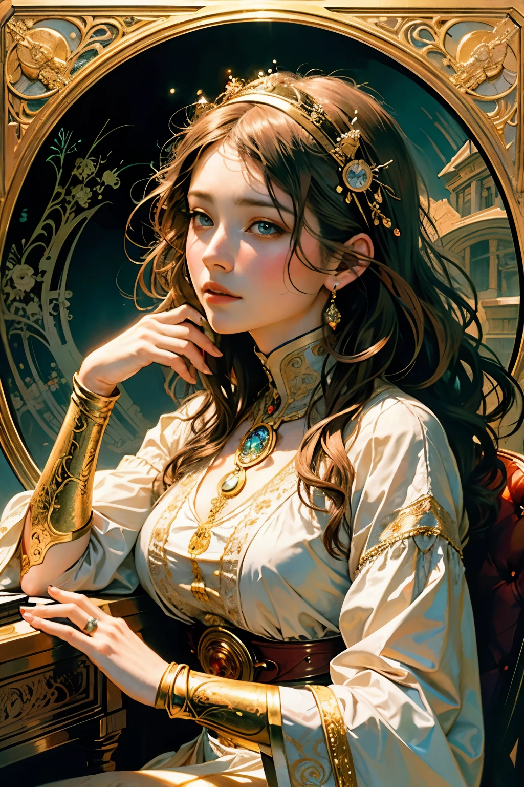 Realistic and Detailed: A Masterpiece Portrait of Elesky Playing the Piano by Alphonse Mucha, Ayami Kojima, Amano, Charlie Bowater, Karol Bak, Greg Hildebrandt, Jean Delville, and Mark Brooks
This captivating artwork showcases the enchanting figure of Elesky as she gracefully plays the grand piano, surrounded by the mesmerizing ambiance of Art Nouveau and Neo-Gothic elements. The portrait boasts an exquisitely realistic and detailed face, revealing every intricate line, curve, and texture.
The rich, deep, and moody colors employed add to the overall