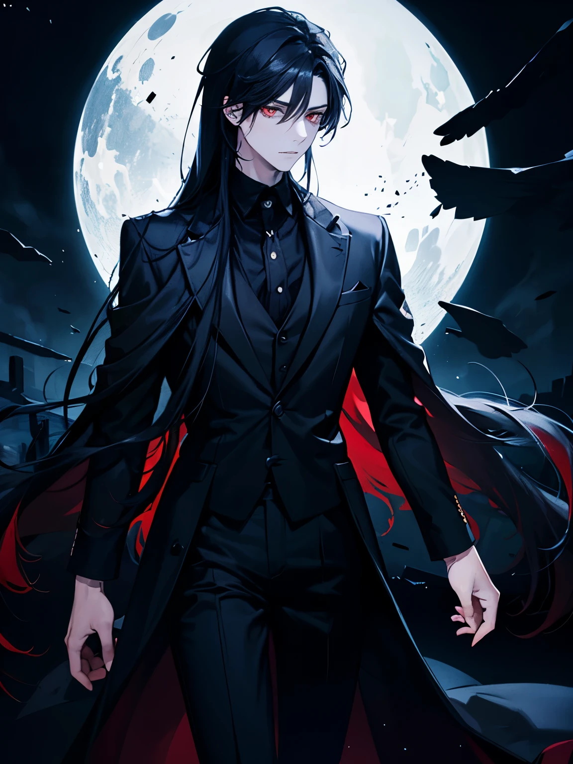 1man，Masculinity，Gorgeous dark atmosphere, man in black suit，red eyes，Long pure black hair，late night，Very long black hair