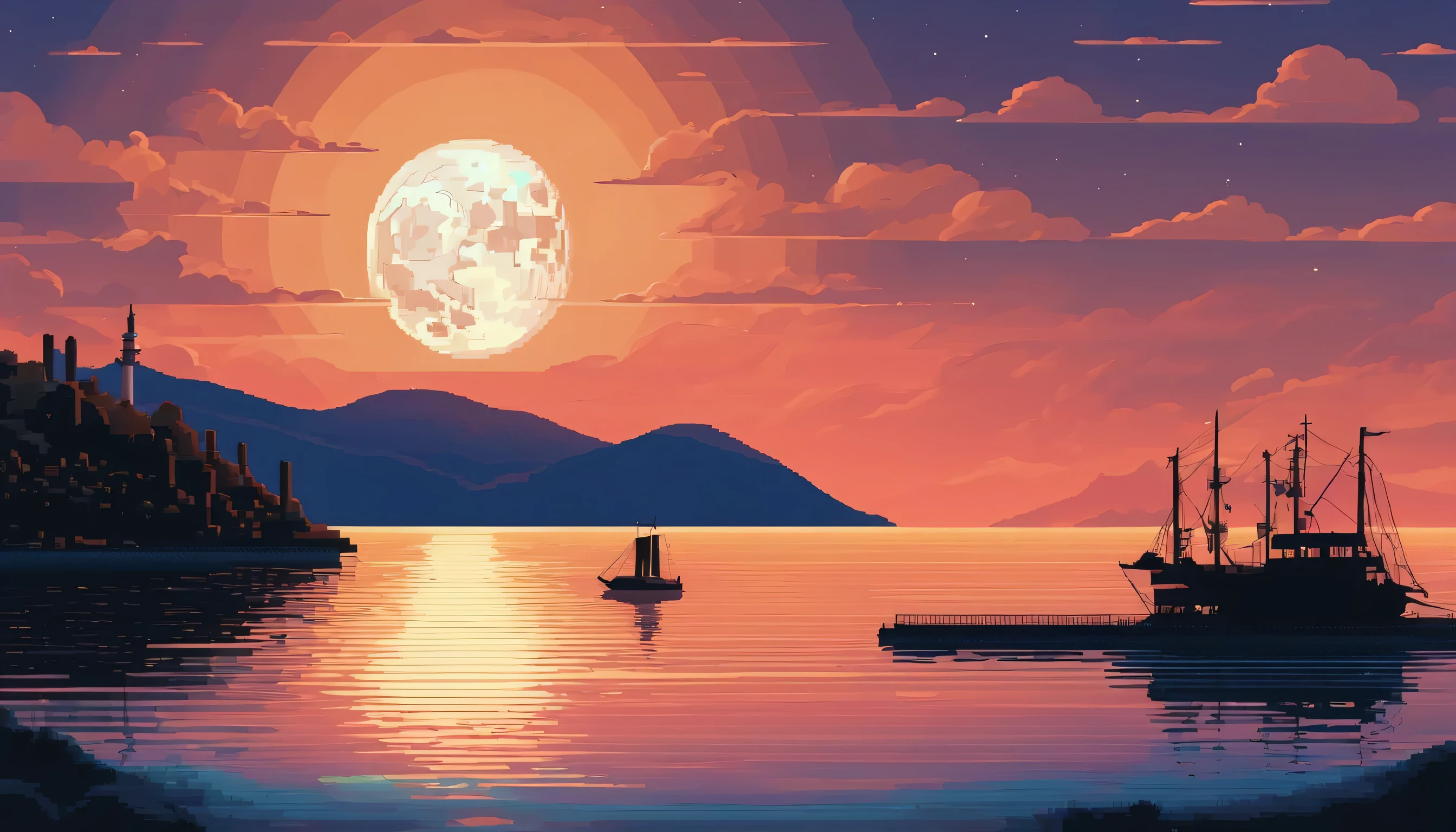 Pixel art of a huge moon rising on the calm sea, beautiful detailed pixel art, detailed pixel art, lo-fi retro videogame, concept pixelart, detailed pixel artwork, Pixel art style, pixel town, pixel art animation, high quality pixel art, Dolphins leap from the surface of the sea, super detailed color lowpoly art, #pixelart:3, # pixelart, #pixelart