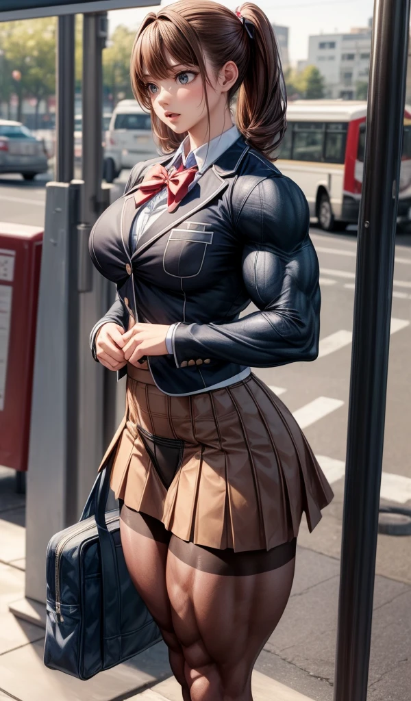 , (muscular female:1.1),school uniform jacket, skirt lift,bow panties,muscular thighs
masterpiece, best quality, extremely detailed face, perfect lighting, extremely detailed CG,open mouth,bus stop,brown pantyhose