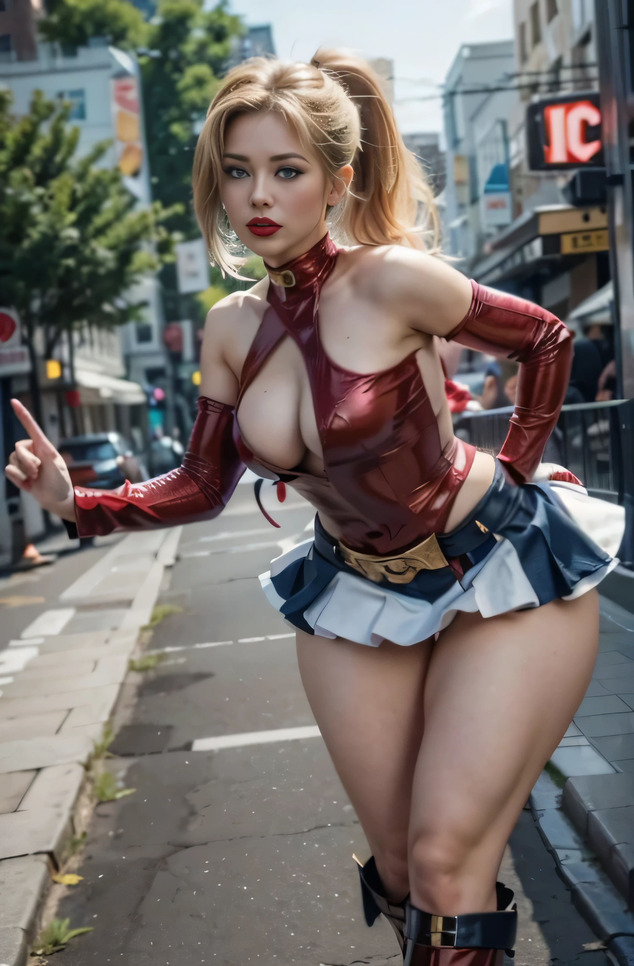 4k, realistic, charismatic, very detailed, there is a girl in the sky, dressed in a super girl costume, she is a super girl, superhero theme, blonde short hair, ponytail, 20 years, full body, (detail in the eyes), (detail in the face), incredibly beautiful, blue eyes, blush, makeup, ((red lipstick)), ((miniskirt)), (wide hips),  (thick thighs), small breasts, dress,, seductive pose, (extreme hourglass figure), thin, svelte, white skirt, boots, ((tight t-shirt))