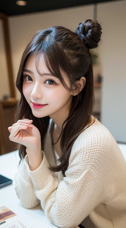 table top, highest quality, figure, super detailed, finely, High resolution, 8k wallpaper, 完璧なダイナミックな構figure, beautiful and fine eyes, Trendy Women's Fashion Winterwear,bun hair,,natural color lip, random sexy pose,smile,Home、20 year old girl、cute、You look at the camera,RAW photo,Kamimei,shoot from above,anatomically correct condition