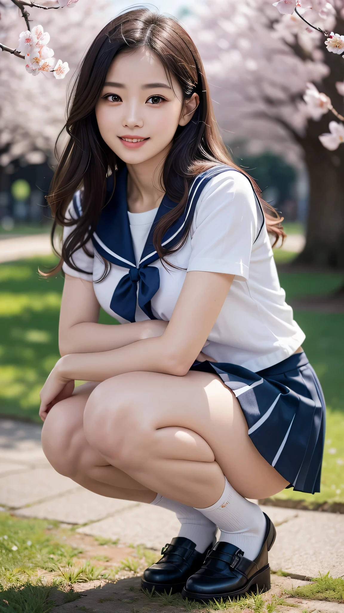 Insanely beautiful  Japan seductive woman, small head, long hair, wet sailor suit, white socks, black shoes, dark blue pleated skirt, slender body, pale skin, outdoor bench, rainy day, wet light clothes, wet, wet body, wet skin, , wet, , clean detailed face, kind smile, watch viewer, clean image, beautiful eyes, high quality, high detail, high definition, Luminous Studio Graphic Engine, Unreal Engine 5, Masterpiece, Big, Transparent Lingerie, Sitting, Skirt Lift, Pubic Hair, Show-Off Panties, White Sheer Panties, (Panty Shot))), (((Spread Your Legs)))),