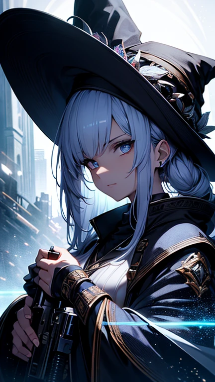 (Highly detailed 8K wallpaper), Medium shot of Loline Necromancer, particle lighting, high detail, dramatic, Gatling gun in hand, pretty background, Wearing a wizard's hat, Top weapon in the background removed