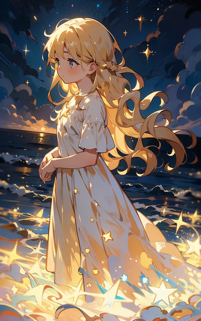 Star,Starlight,masterpiece,best quality,human development report.ultra high definition.4K,8k,K,Very detailed,Super fine,extremely detailed description,professional, 1 girl, Volumetric light, 1 girl, blonde hair,Medium chest, long hair, best quality, illustration, Beautiful and delicate eyes, posture, starry sky skirt, Starry sky, The elegant rotation of the starry sky,