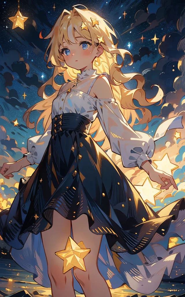 Star,Starlight,masterpiece,best quality,human development report.ultra high definition.4K,8k,K,Very detailed,Super fine,extremely detailed description,professional, 1 girl, Volumetric light, 1 girl, blonde hair,Medium chest, long hair, best quality, illustration,  Beautiful and delicate eyes, posture, starry sky skirt, Starry sky, The elegant rotation of the starry sky,