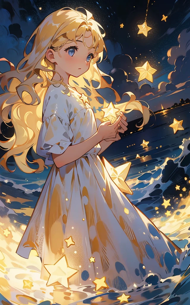 Star,Starlight,masterpiece,best quality,human development report.ultra high definition.4K,8k,K,Very detailed,Super fine,extremely detailed description,professional, 1 girl, Volumetric light, 1 girl, blonde hair,Medium chest, long hair, best quality, illustration, Beautiful and delicate eyes, posture, starry sky skirt, Starry sky, The elegant rotation of the starry sky,