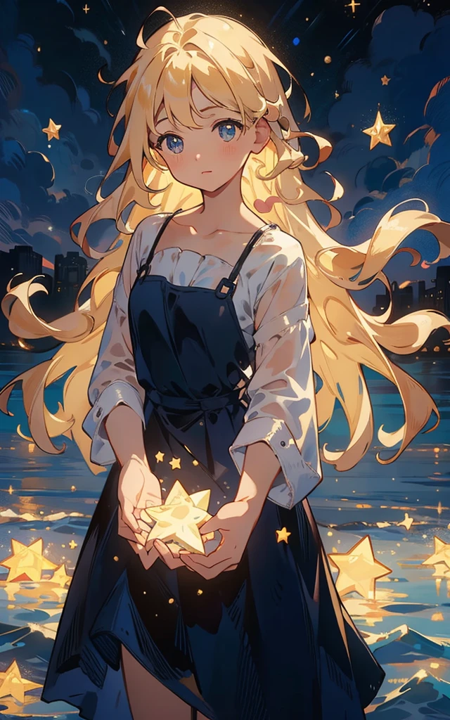Star,Starlight,masterpiece,best quality,human development report.ultra high definition.4K,8k,K,Very detailed,Super fine,extremely detailed description,professional, 1 girl, Volumetric light, 1 girl, blonde hair,Medium chest, long hair, best quality, illustration, Beautiful and delicate eyes, posture, starry sky skirt, Starry sky, The elegant rotation of the starry sky,