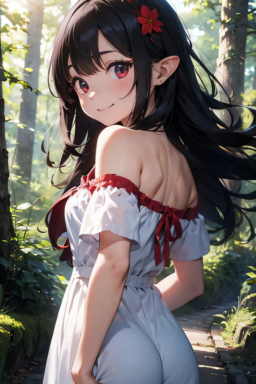 (8k, original photography, top quality, ​Masterpiece:1.2), 1 half elf girl, 3 days,A black-haired one、Low tied long hair、red eyes、 Rear view、Off-the-shoulder short-sleeved shirt、Backless、skirt、Asian, Taiga background, a smile