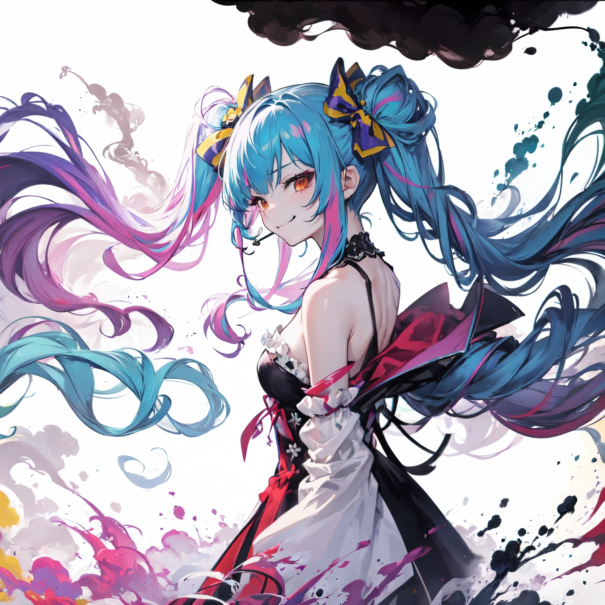from side,solo,ponytail,drill hair,two side up,afro,dreadlocks,hime cut,twintails,braid,(hair bun:0.7),(wavy multicolor hair:1.2),(smokeanywhere:1.4),smirk