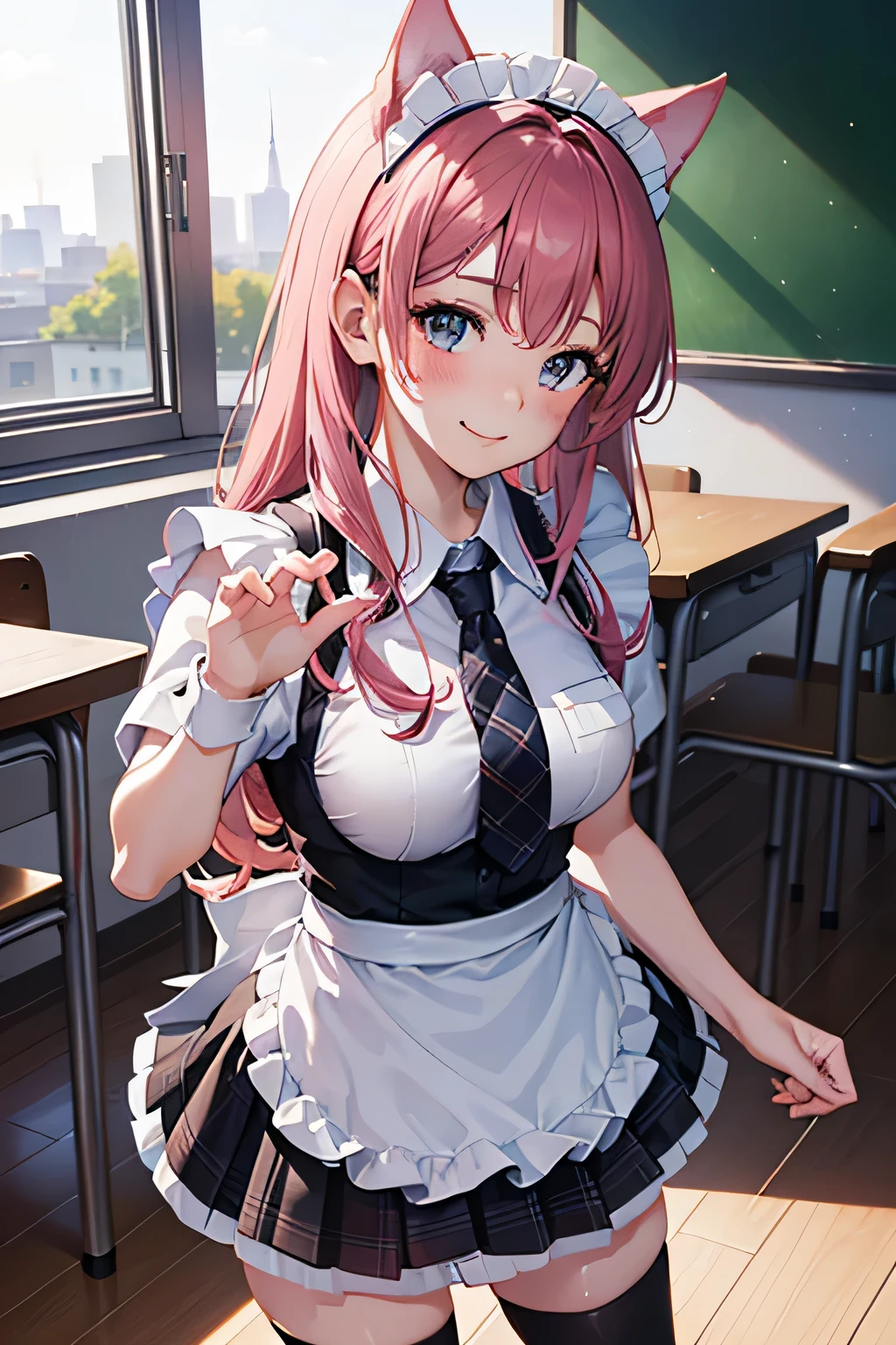 ((table top, highest quality, High resolution, nffsw, perfect pixel, 4K,)), 1 girl, Beautiful woman、I could see the whole body、RAW photo, absurd, award winning portrait, concentrate,masterpiece, highest quality, High resolution,8K, Complex, elegant, very detailed,dynamic lighting,(blurred background:1) 、(smile), (open your mouth)、((pink hair)), ((pink tie cat ears)), ((anime girl)), ((detailed face, blush:1.2)), ((smooth texture:0.75, realistic texture:0.65, realistic:1.1, Anime CG style)), (((Hands hidden behind the back))), (((leaning forward、overhead view angle)))、closed mouth、 big breasts、アイドルのようなsmile、((black maid outfit, white shirt, black skirt, )、((she'She's definitely wearing a maid outfit))、((plaid skirt、white knee-high sox)), classroom without people