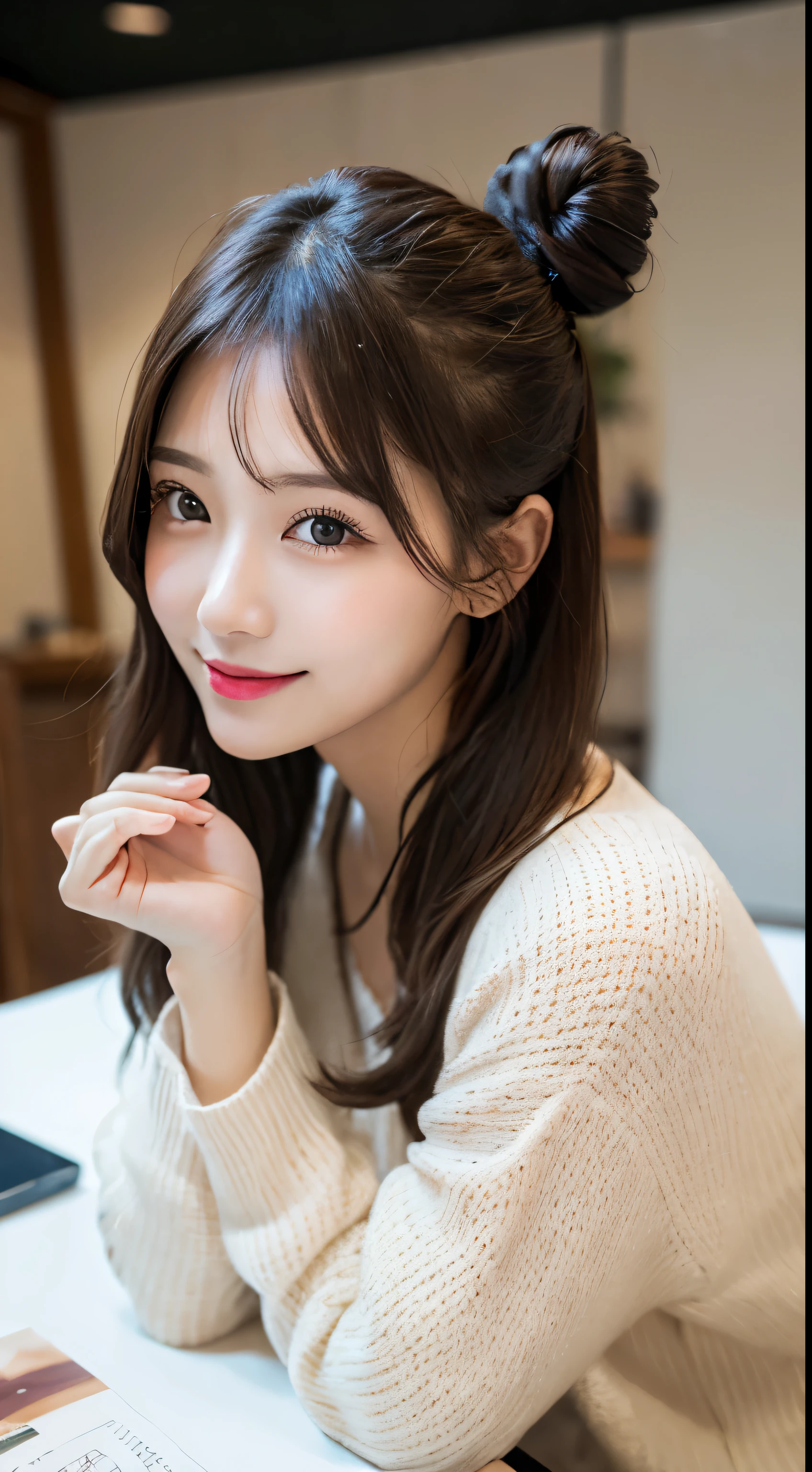 table top, highest quality, figure, super detailed, finely, High resolution, 8k wallpaper, 完璧なダイナミックな構figure, beautiful and fine eyes, Trendy Women's Fashion Winterwear,bun hair,,natural color lip, random sexy pose,smile,Home、20 year old girl、cute、You look at the camera,RAW photo,Kamimei,shoot from above,anatomically correct condition