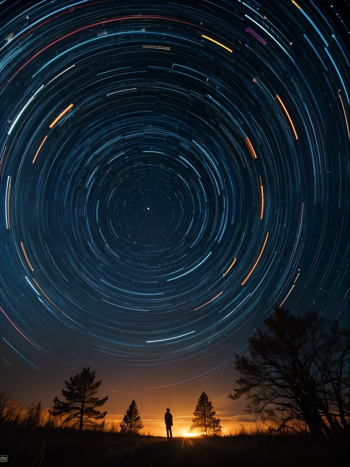 Landscape photography shot with Lomography Redscale XR 50-200,
Birch forest in autumn,standing in the woods and shooting up the starry sky,time-lapse photography,(rotating star trails:1.4),(long exposures:1.3),dreamy scenes,extreme beauty,dim light,