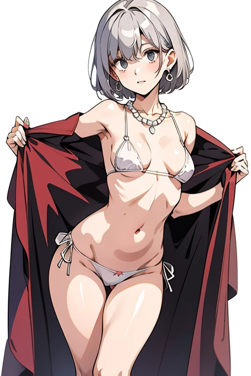 photostudio、gray wall、Standing in ???? pose,gold necklace、Pearl Earrings、photostudio、gray wall、look at the camera、thighs ,(((white background)))、short hair、Transparent white silk panties、sheer red silk bra、