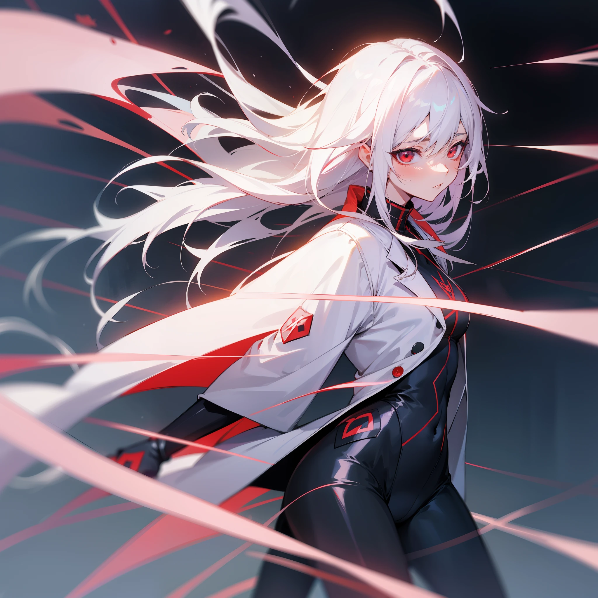 anime character with white hair and a black skintight suit, white jacket, shy, pale, red eyes, anime moe artstyle, yandere, anime girl, anime style hyper detailed, anime artstyle, epic anime style, yandere intricate, anime art style, style anime, anime style character, gapmoe yandere, high quality anime artstyle, red lightning, red electricity