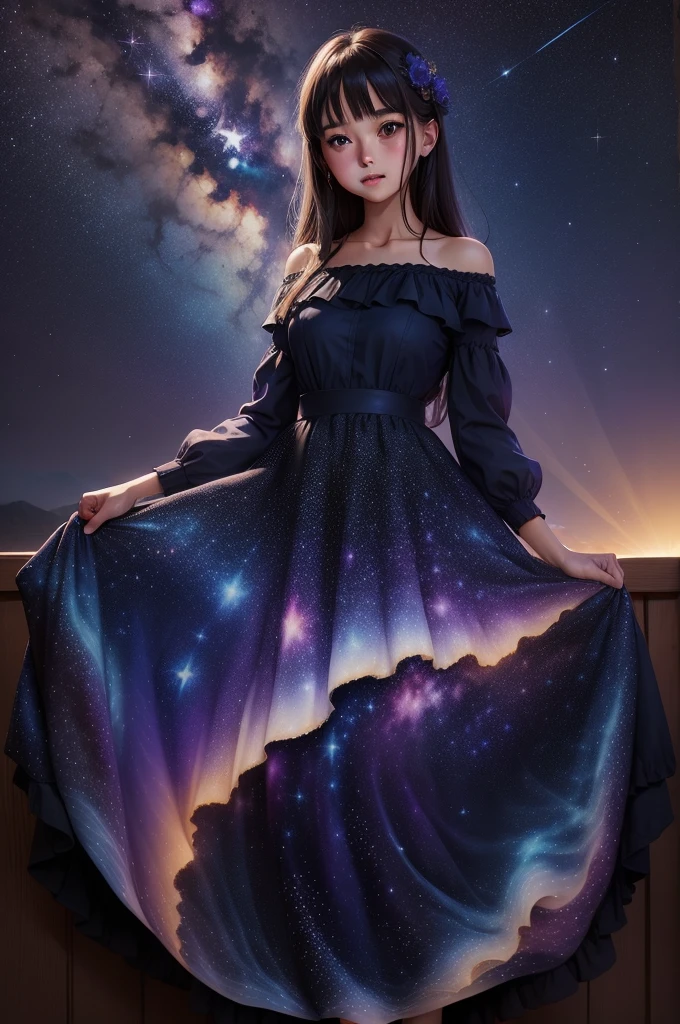 Girl wearing starry dress,Stars sparkle on the dress,The Milky Way stretches to the horizon,Elegant twirl in long skirt,deep indigo and violet shades, A feeling of wonder and vastness of the universe, illustration, oil painting on canvas,