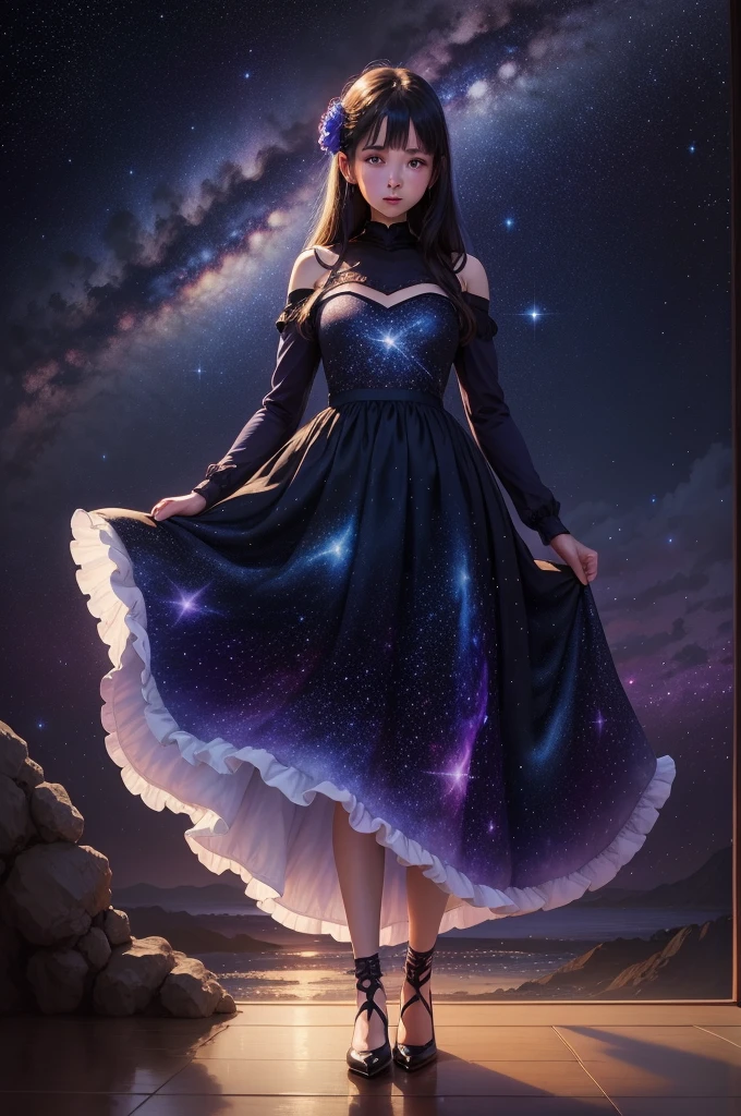 Girl wearing starry dress,Stars sparkle on the dress,The Milky Way stretches to the horizon,Elegant twirl in long skirt,deep indigo and violet shades, A feeling of wonder and vastness of the universe, illustration, oil painting on canvas,