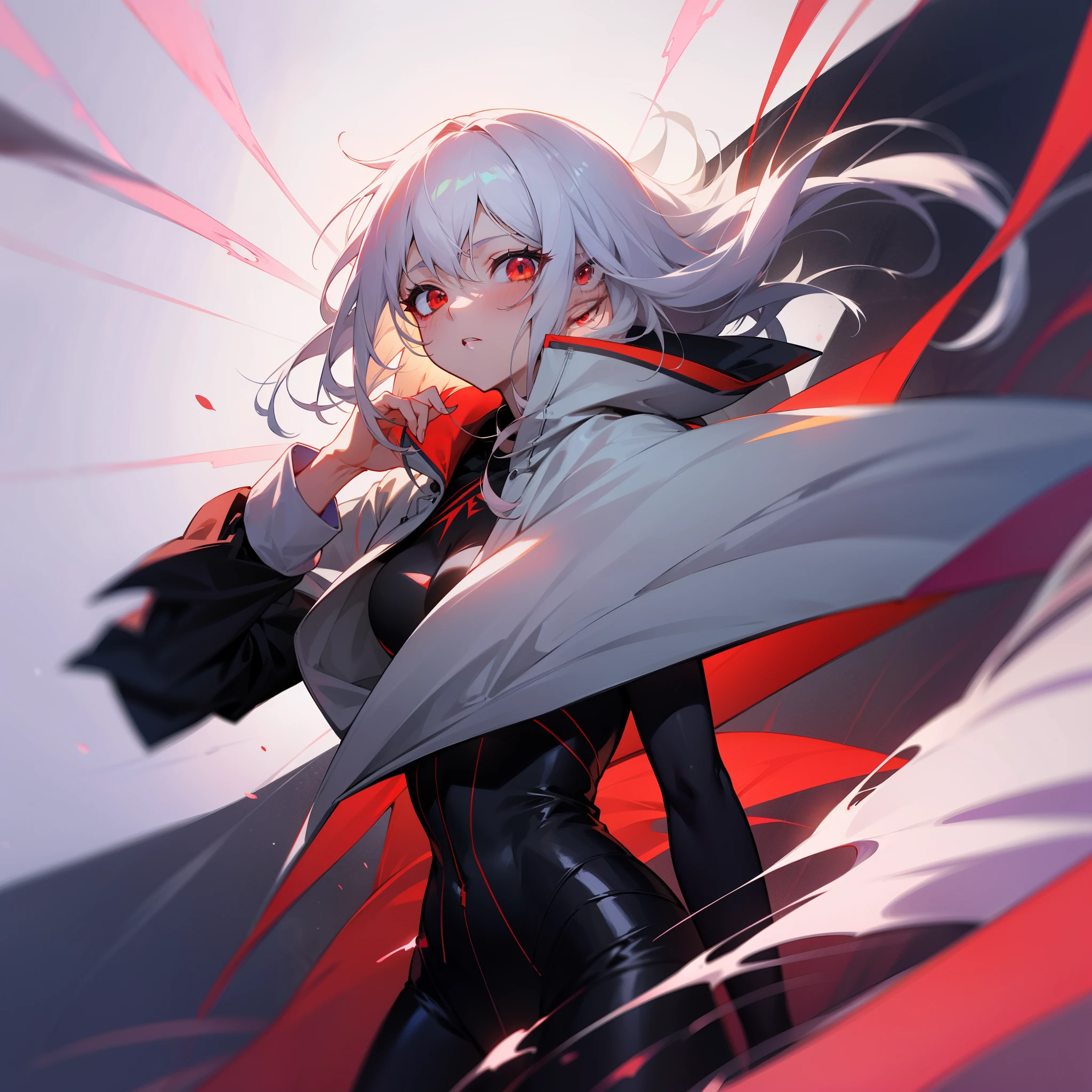 anime character with white hair and a black skintight suit, white jacket, shy, pale, red eyes, anime moe artstyle, yandere, anime girl, anime style hyper detailed, anime artstyle, epic anime style, yandere intricate, anime art style, style anime, anime style character, gapmoe yandere, high quality anime artstyle, red lightning, red electricity