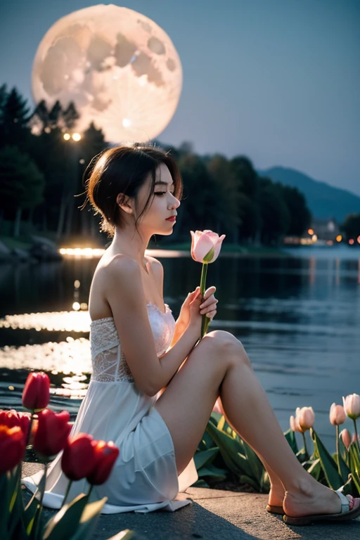 A short-haired girl holding tulips by the lake at night,Sit on your knees,
With light makeup,The cold moon behind me,The fragrance of flowers wafts in the air, the perfect side profile