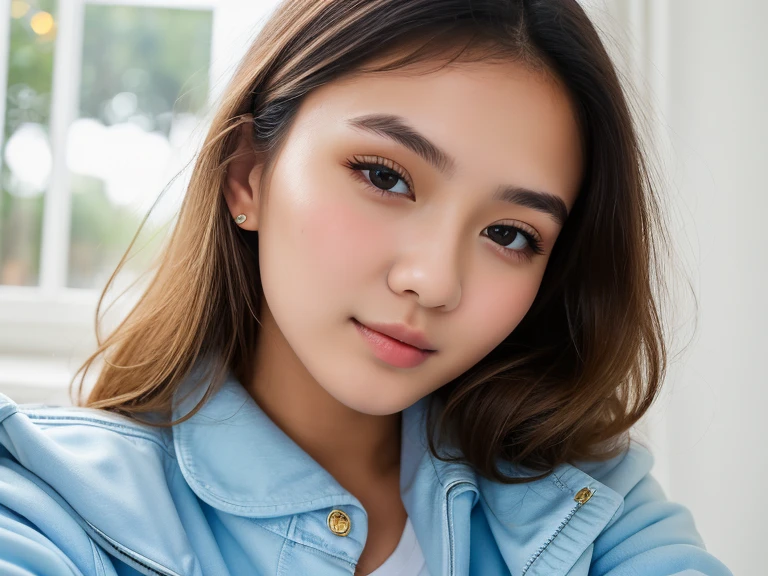 ((​masterpiece)), (top-quality), (detaileds), 1girl in, looking at the viewers、cute little、POV、Grab the camera with both hands、Woman in blue jacket and white shirt, a closeup, Glossy, moisturized and clear lips, shikamimi, Surreal, Moist eyes、A detailed face、Crystal clear beautiful skin