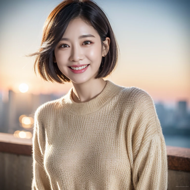 masterpiece, highest quality, official art, Highly detailed CG Unity 8K wallpaper, single old man, ultra high resolution, (realistic: 1.4), golden hour lighting, sweater dress, (Upper body), (K-POP idol), (attractive: 1), (platinum short hair: 0.8), ((puffy eyes)), looking at the viewer, facing forward, smile, laughter,middle chest, shirt lift, gloves, short hair