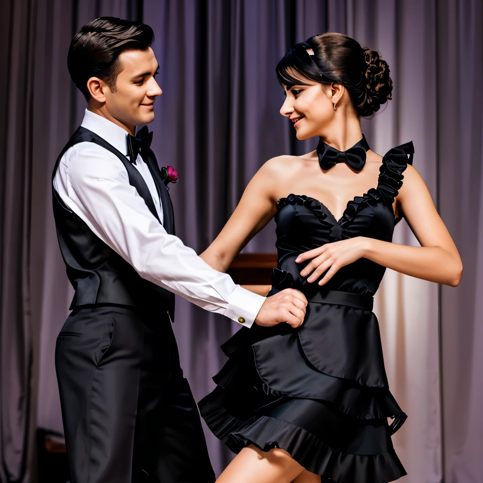 A man and woman dressed in formal wear are dancing the tango. The woman has her arms around the man's waist and he has his hands on her waist and shoulder. They are looking into each other's eyes. The woman is wearing a black dress with a frilly skirt and the man is wearing a black tuxedo with a frilly pocket. The background is a dark city with lights.
