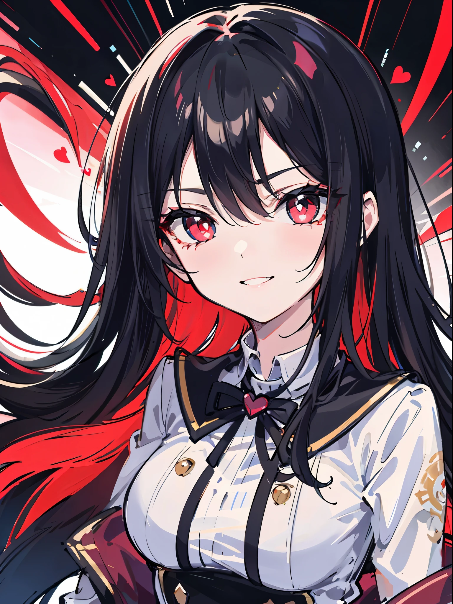 Bright red eyed girl staring at the viewer with wide eyes, black hair, black high school girl outfit, heart pupils, yandere, smile, anger, mature, big , elaborate background