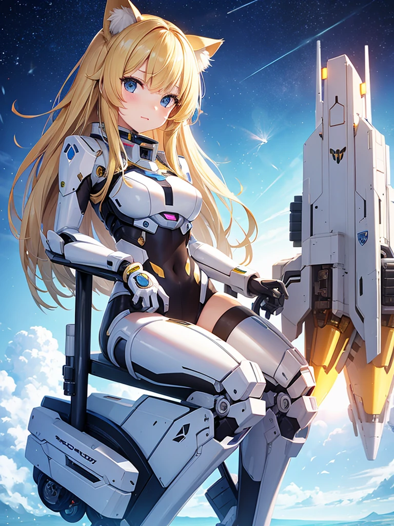 highest quality , Blonde girl with cat ears Mecha spaceship future