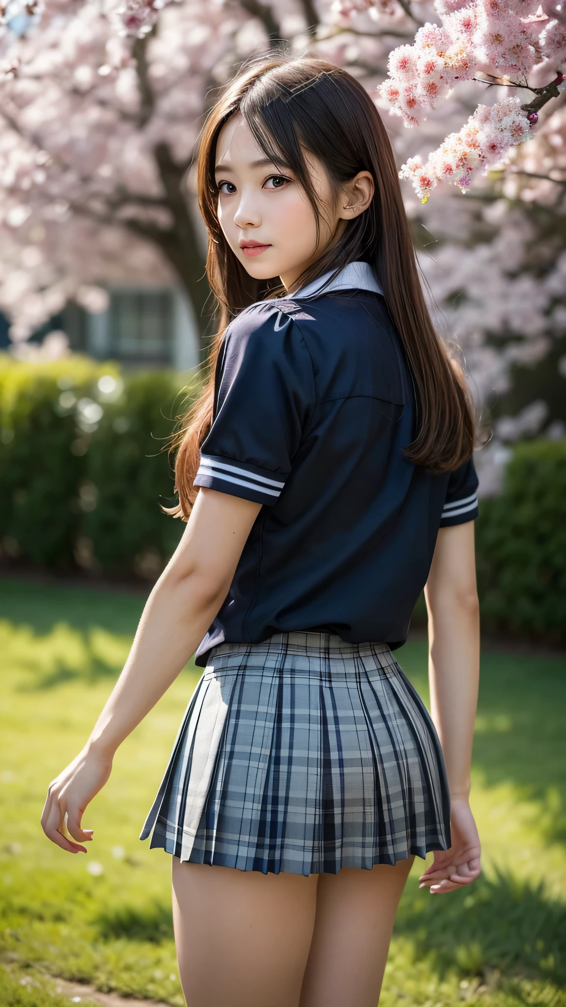 Enhanced dynamic perspective，cute cute  beautiful girl，((school uniform, short sleeve shirt))、((button gap)), short pleated skirt、look at me and smile，simple back gown，works of masters，high quality，4K resolution，super fine，fine pubic hair，Accurate，cinematic lighting，Retain original facial proportions、(huge breasts)、