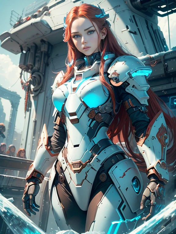 Photorealistic image ((Masterpiece)), ((high quality)) UHD 8K, of a beautiful, slim and realistic mecha transforming Robot, (medium chest), (skinny waist), (long red hair), (blue eyes), ((Hyper-realistic mecha armor, with red metal and intricate ice blue lights)), (in combat position, in a futuristic ship, science fiction