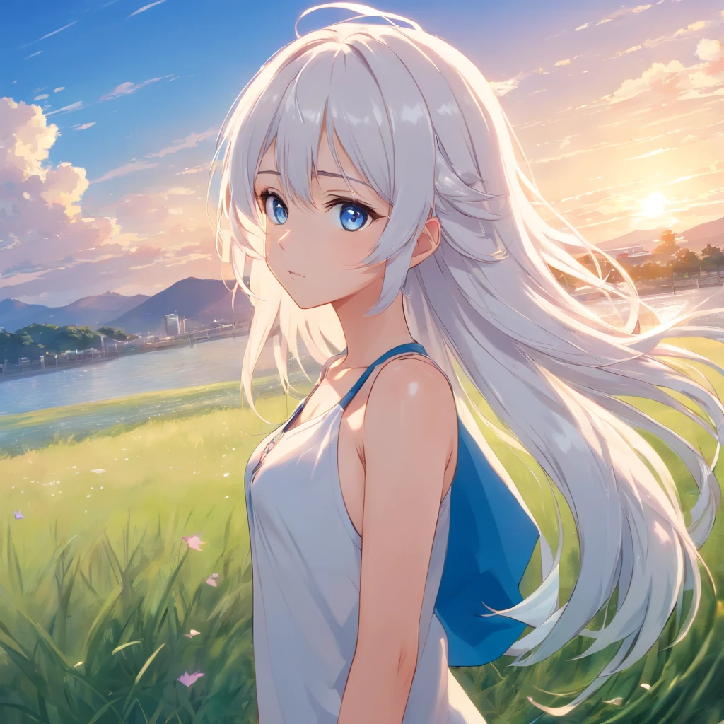 Woman with long white hair and blue eyes standing on the grass,Anime visuals of cute girls, white hair girl, perfect gray haired girl, White-haired God, white hair, fleet collection style, Anime Cloud, 年轻的anime girl, Anime cute art style, anime best girls, (anime girl), 一个anime girl, white hair girl,Flowing white hair,Small breasts,sleeveless、camisole,, (8k, original photography, top quality, Masterpiece:1.2), (realistic, Realism:1.37), Super detailed, 1 girl, solo, cute little, beautiful detailed sky,