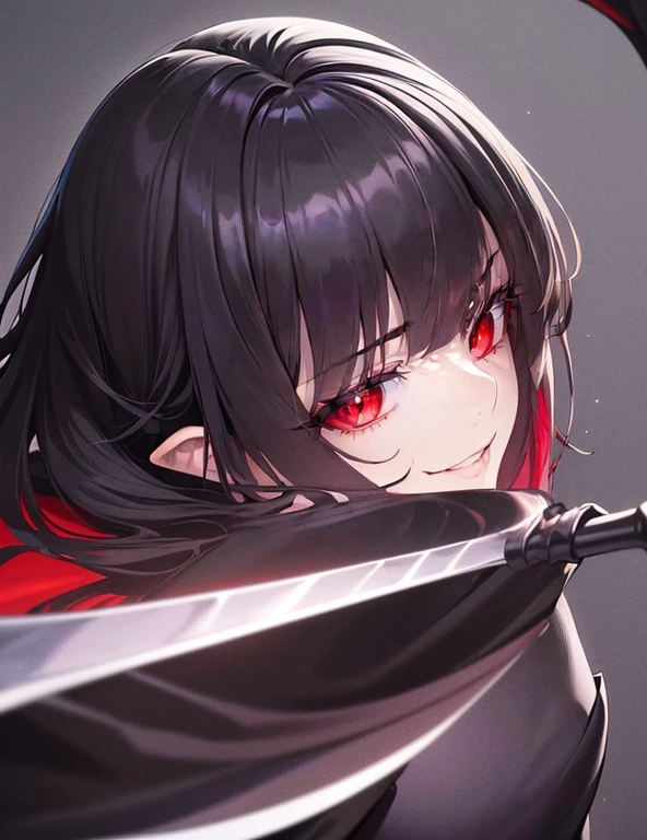 (Best quality, 4k, Masterpiece :1.3, 8k, ultra-detailed, ultra-masterpiece), mature pretty woman, ultra-detailed face, detailed lips, full lips, detailed eyes, double eyelid, Black hood, Hiding face, Glimpse of macabre smile, sinister, Dangerous girl, Hooded woman, (((Dungeon, Dark Dungeon, Dungeon Background))) villainous look, evil look, (((holding a scythe))), ((Red Eyes, black hair)), ((((Black cloak covering the body))))