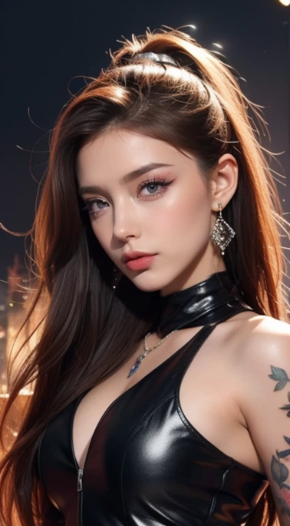 Dinity, (Smoke effect around his head,  beaucoup de vapeur effect) tatouage, maquillage, Paysage de nuit qui passe, Une belle fille avec, UHD Portrait, (High quality) (ultra details) Regarder le spectateur en tenue de ville de style hip-hop; different, colourfull, cheveux de plusieurscouleurs  longs 🌈