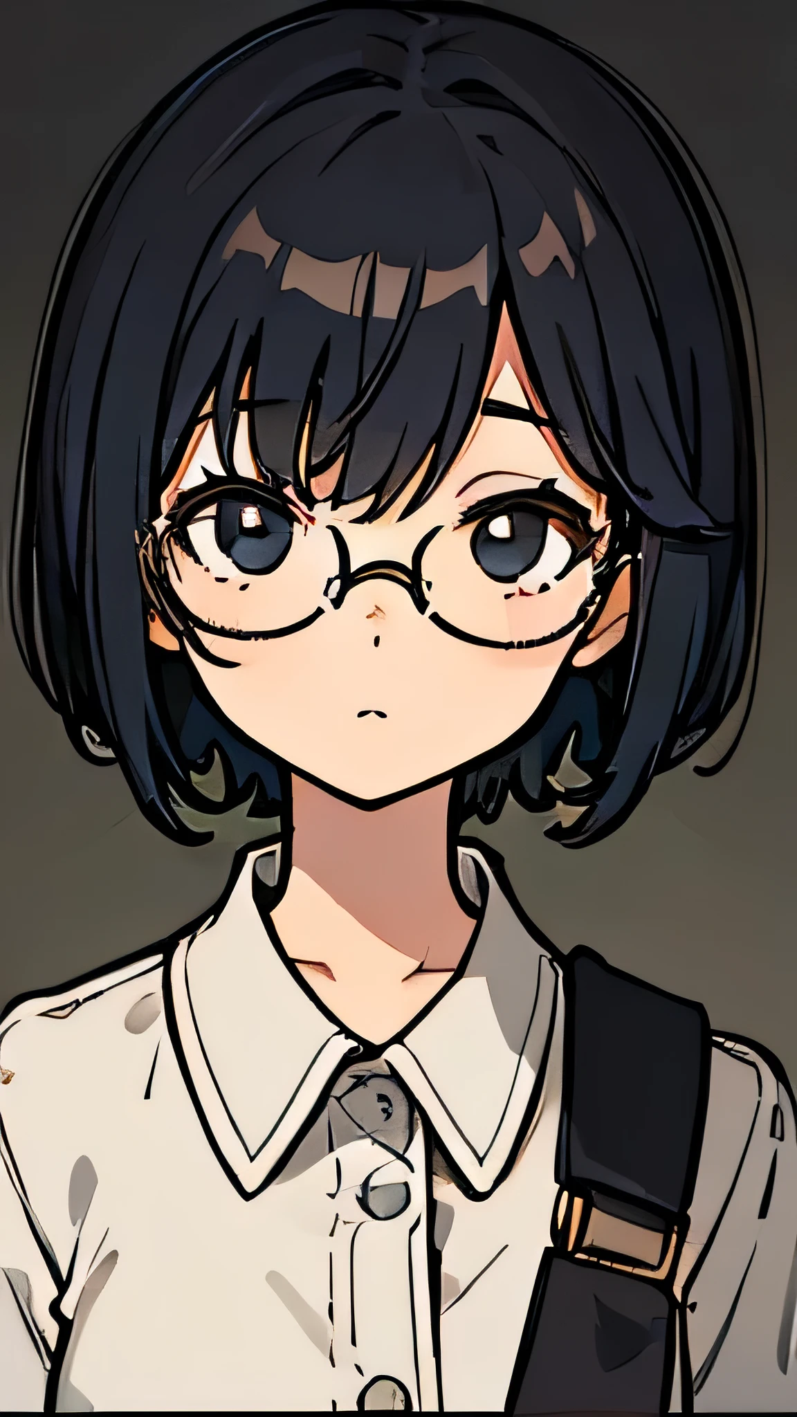 {masterpiece}, {best quality}, 1girl, cute, Amazing, beautiful eye details, black eyes, wearing glasses, short hair, black hair, fine details, Depth of field, highly detailed CG, original, highly detailed wallpaper, body the top, looking at the viewer