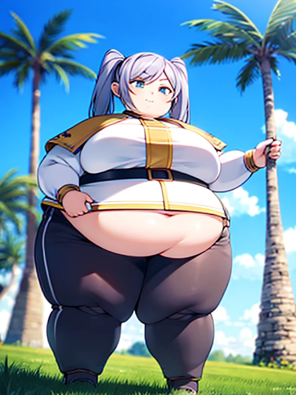 masterpiece, 4K, (highres,best_quality),( obese 1girl,solo),(obese frieren,twintails), obese body, very cute,