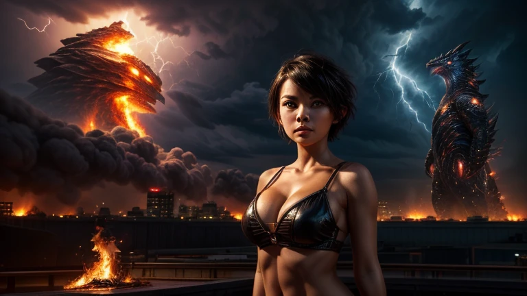 1girl, cute face, short hair, Sexy Body, background fire thunderstorm in the city of the future, Kaiju in Background, Masterpiece, ultra real, 4K quality, Ultra Detailed, looks at the viewer, real 3D.