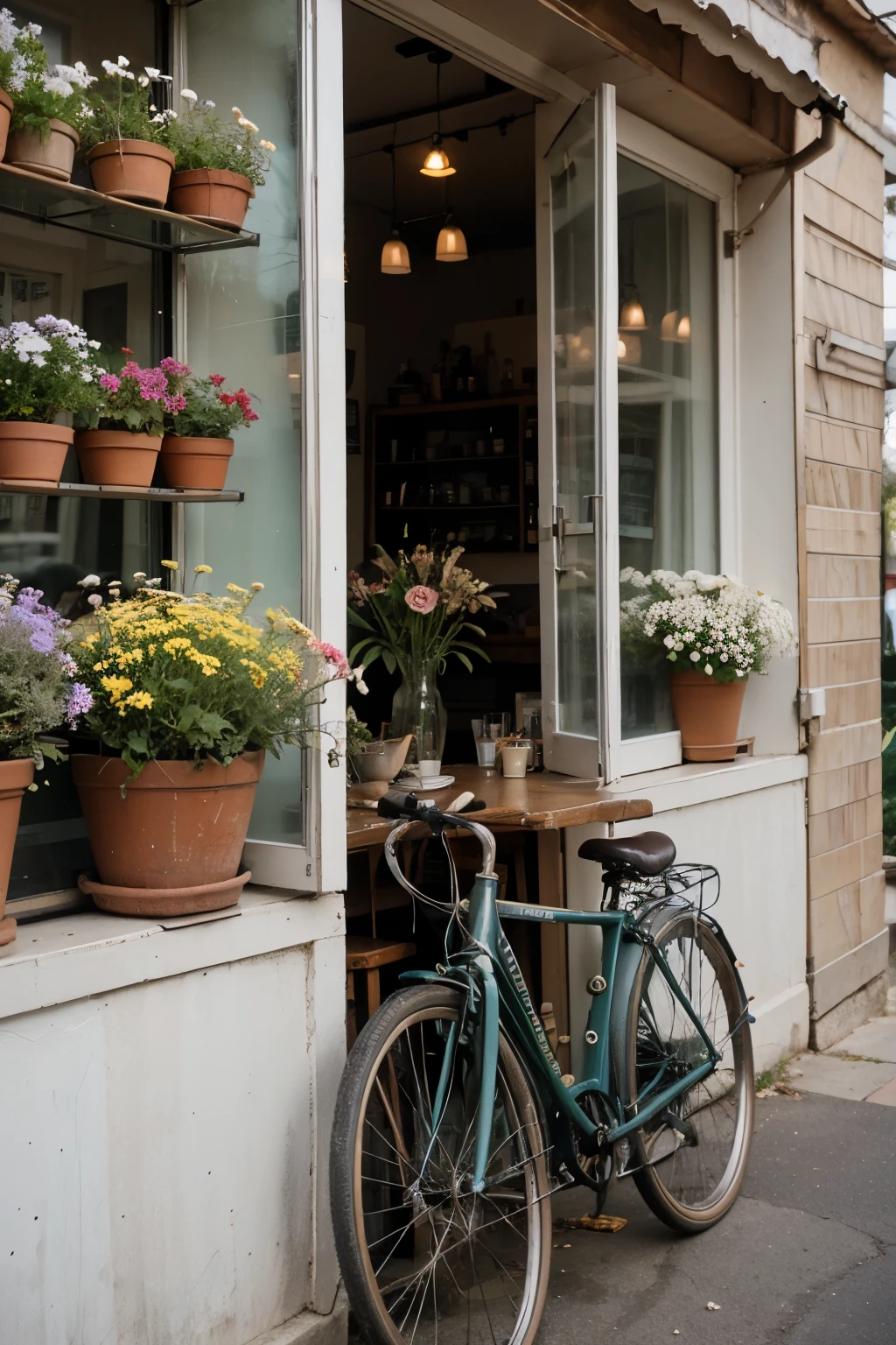 photography of a cafe in country side with a bicycle in front of the windows and flowers in pots around the cafe with vintage vibes and effect