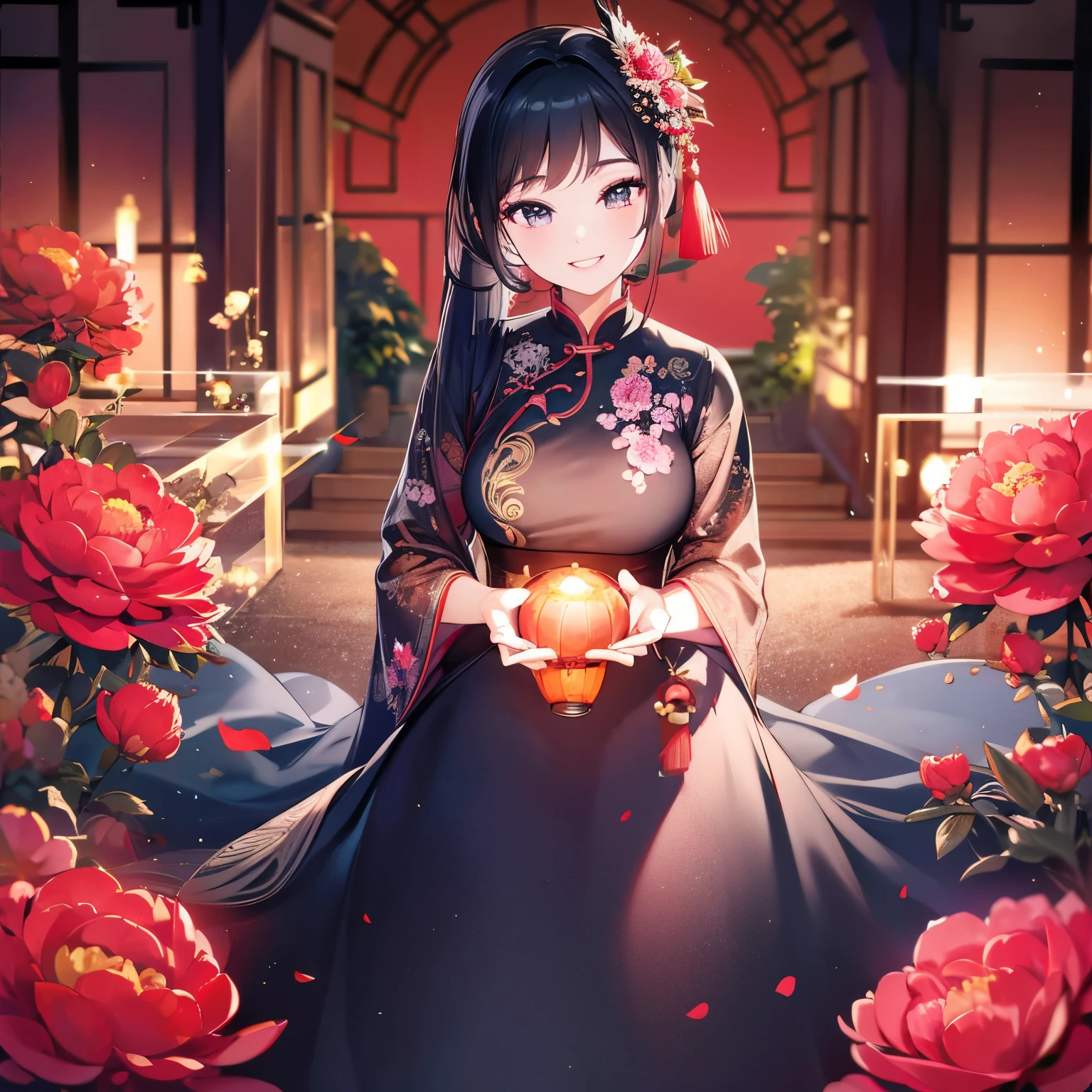 highest quality, 4K, high-end, Extra fine: 1.2), realistic, chinese girl, exquisite features, beautiful and fine eyes, beautiful detailed lips, long eyelashes, red traditional costume, black ponytail, tassel hair accessories, peony hair accessories, smiling face, dynamic perspective, night, lanthanum, chinese street, award-winning, cowboy lens, night scene