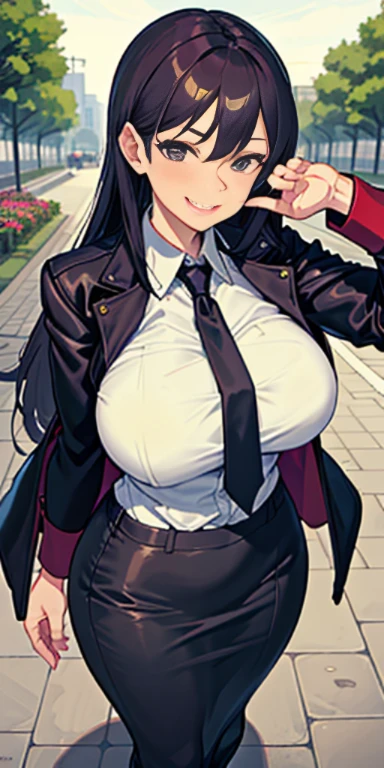 (Masterpiece: 1.6, Best Quality), (Fine and Beautiful Eyes: 1.2), (Overhead), High Quality, Beautiful Face, 1girl, Leather Tight Skirt, Extra Large Leather Jacket, Big Tits, Long Hair, Wide Hips, (Landscaped), Street, Background, Detail Background, Spooky Grin, Angled Laughter at the Corners of Mouth, Long Coat, Shirt, Tie, Office Lady, Mature