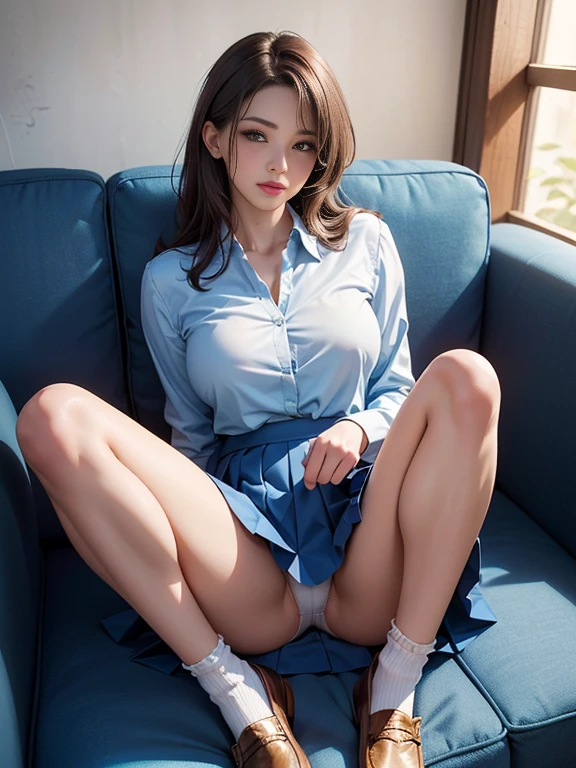 (best quality, 8k, highres, photorealistic:2.0), (solo, one girl:2.0),(lighting: strong),(lighting: front),(very muscular girl:2.0),(bodybuilder girl:1.5),(shiny skin:1.5),(brown hair color:1.5),(Bend your legs and open your thighs:1.8),(black loafers:1.5),(light blue blouse:1.5),(collar blouse:1.2),(long sleeve light blue blouse:1.3),((tight blouse:1.7)),(Emphasize cleavage),(short socks),(white socks:1.1),((blue pleated skirt)),((blue skirt)),((Wearing cute white panties)),((Girl leaning on an old leather sofa)), very beautiful Japanese girl, Blush brown makeup , dark eye makeup ,(shape of nipples appears on the surface of the blouse),(Showing off sexy poses to male viewers who masturbate),(Supportive and affirming for male viewers who masturbate),(Invite male viewers who masturbate to sexual excitement)