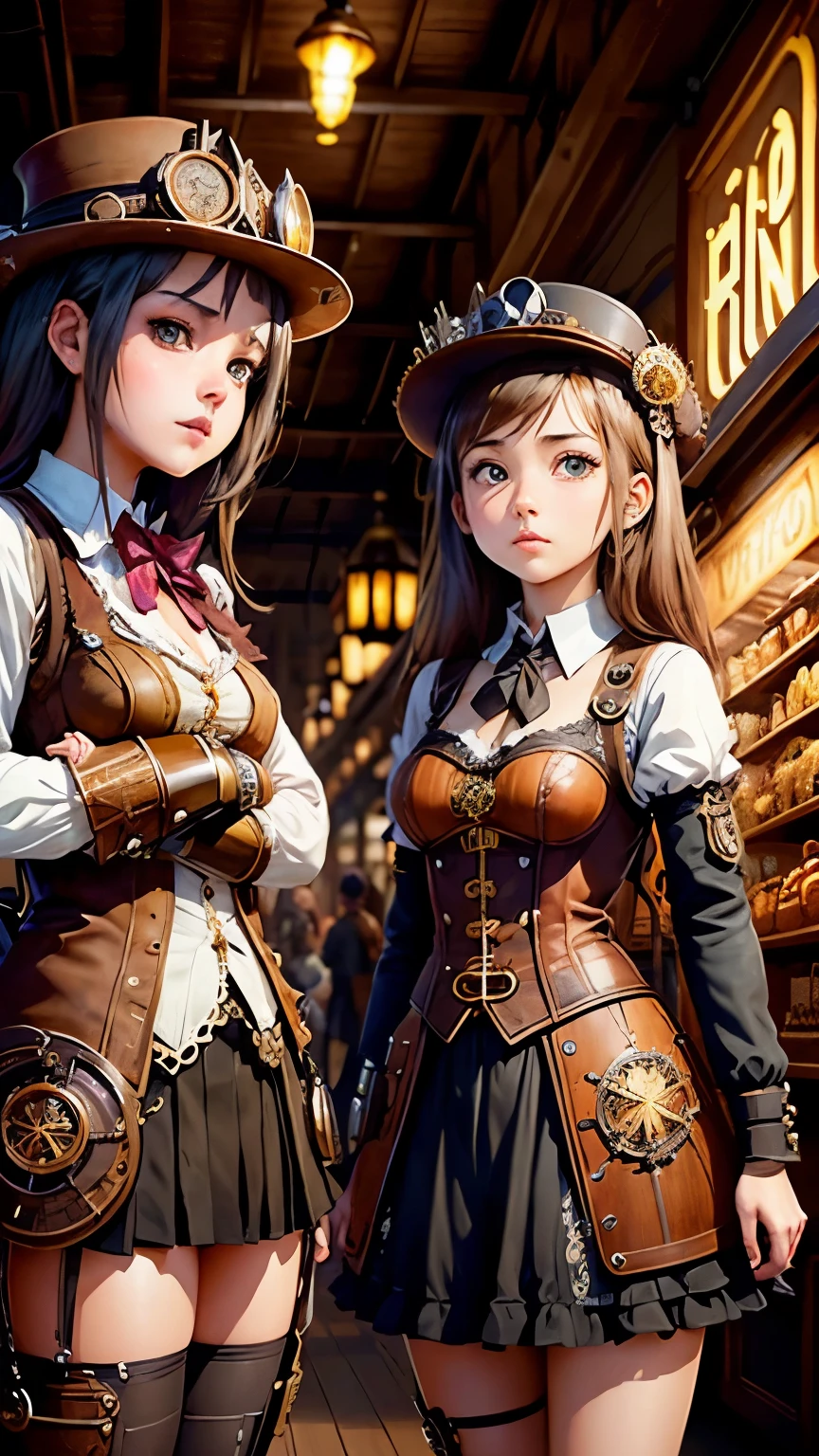 steampunkai。perfect face。(two girls)。(two cute-girls)。(High school girl in steampunk style)。While exploring a wooden labyrinth in a steampunk style。(eat a sandwich at a food stall)。The background is a slightly dark passage。
