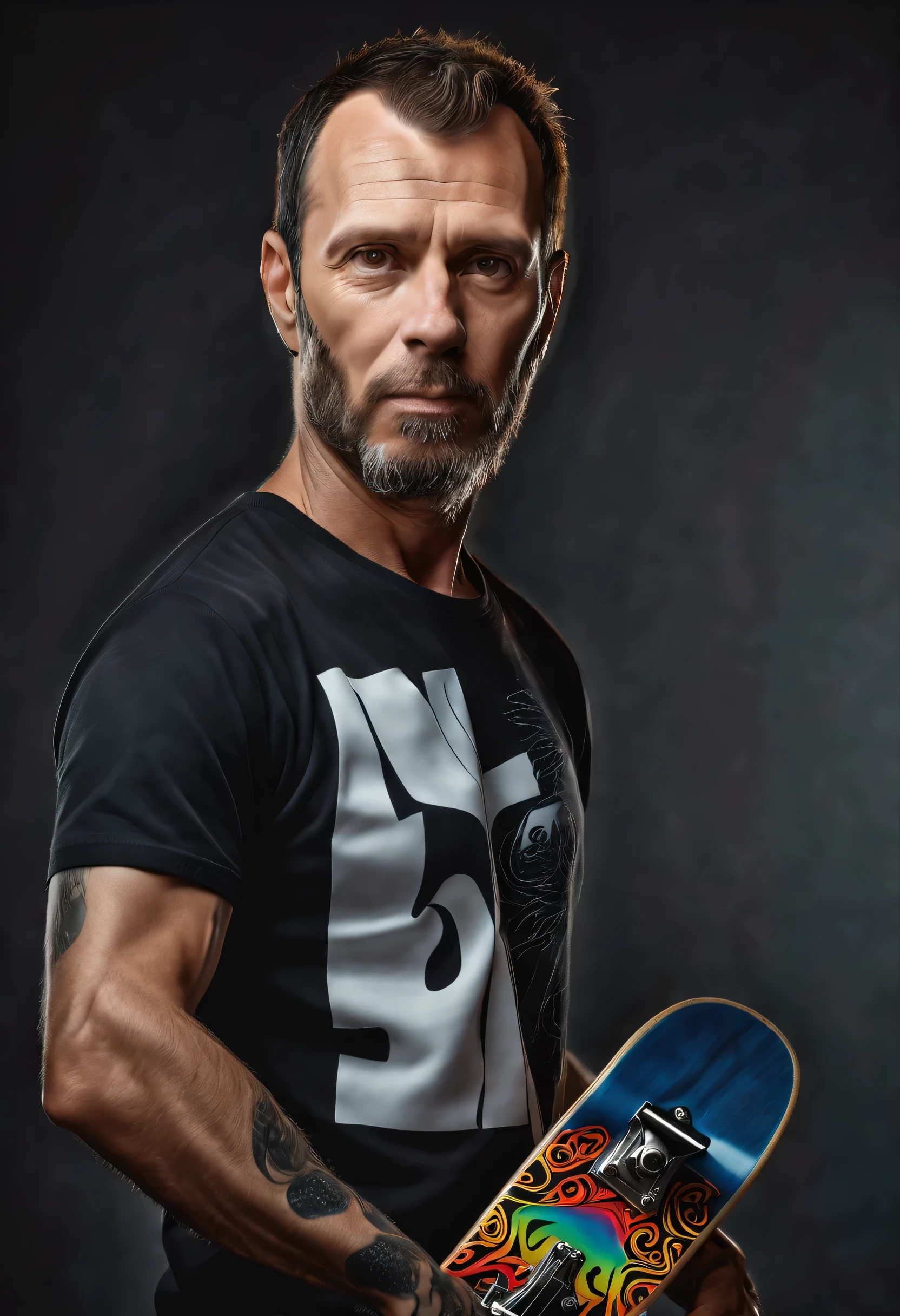 (((highly detailed, best quality)), ((4k, UHD, HDR, photorealistic, highres)), at night), Photo model, a man, Jack, 43 Years of Age with black t-shirt, detailed skateboard, standing, fashion, studio, vivid colours, detailed face, detailed skin, realistic detailed , detailed body