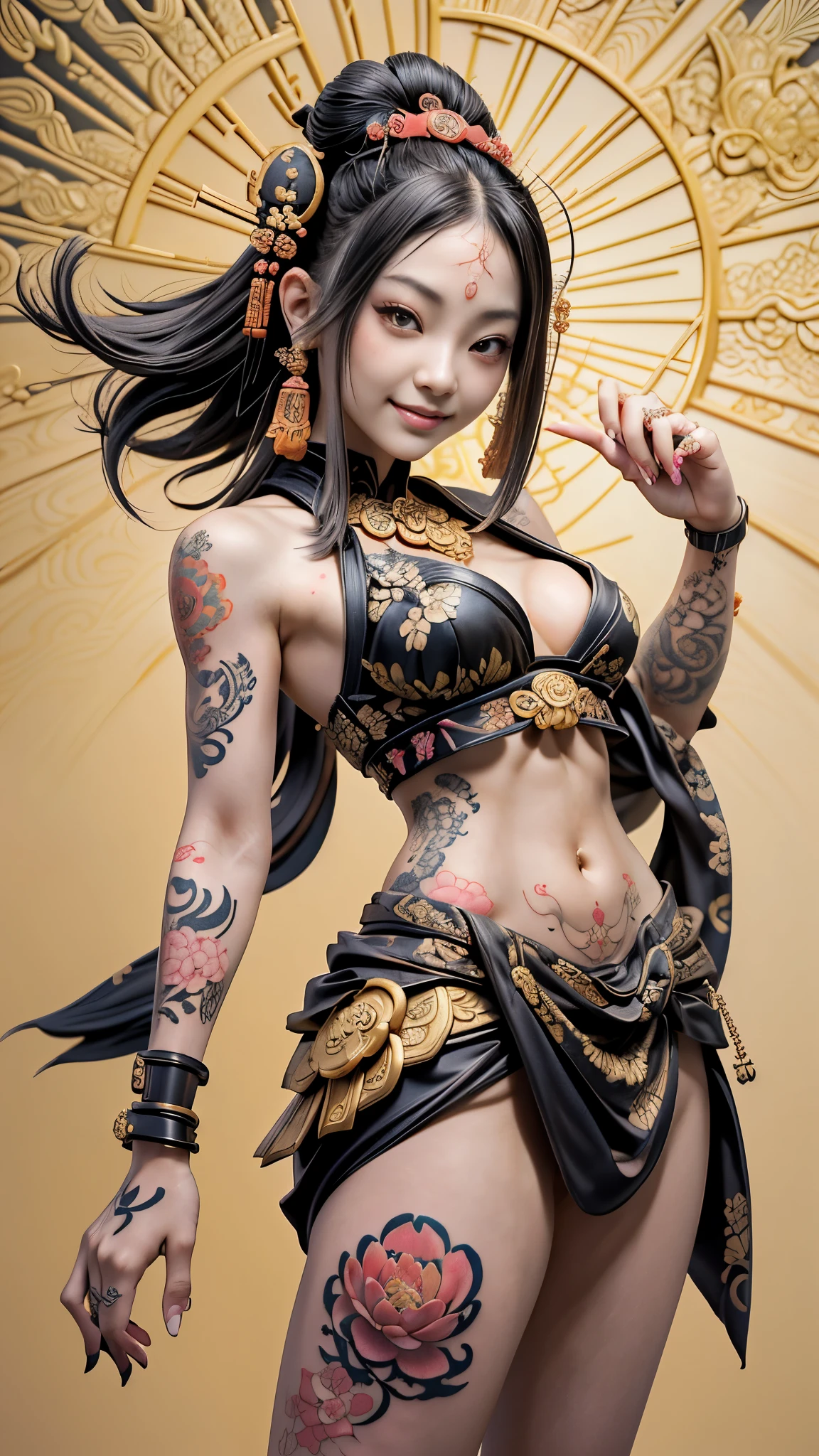 Japanese carving。Inspired by the first-generation carved lotus sculpture Yusei Shunguangsai Hoshu, Oriental tattoos, Traditional Japanese carving of a beautiful 18 year old girl，Dark brown short hair。breast enlargement，Small waist，slim body。toothy smile((Beautiful women’s ukiyo-e tattoos captivate people and express their souls。