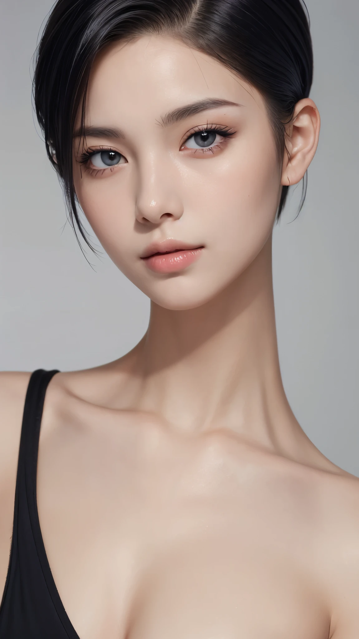 natural skin,(close-up:1.0) photo of as (young:1.0) woman, (oiled skin:1.0), (tilted angle shot:1.0), (slick undercut hair:1.2), (8k uhd:1.0), (best quality:1.0), (masterpiece:1.0), (sharp focus:1.0), (basic grey backdrop:1.0), 