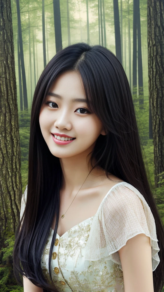 girl, Masterpiece Mastepiece, Best Quality, Illustration, Highly detailed, fine detail, high resolution, high level image quality, 8K Wallpaper, a Korean girl, korean idol, Perfect dynamic composition, Beautiful detailed eyes, Random Dress, Long black hair to to knee,Natural Color Lips,Random and  pose,Beautiful skin,Smile,20 year old girl,Dream Forest background